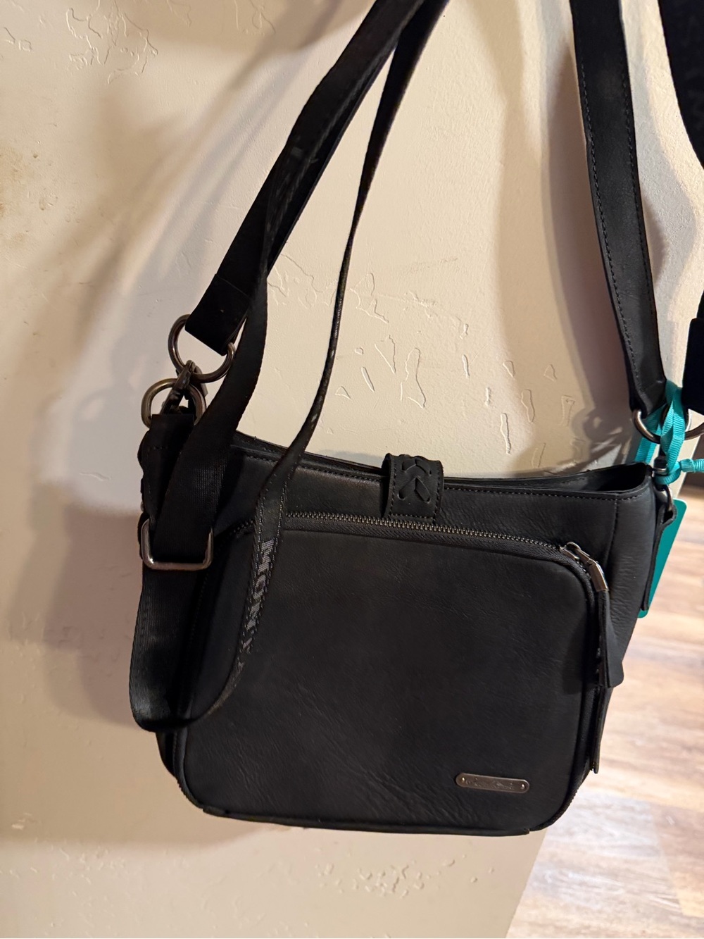 Montana West Black Shoulder Bag with Front Zip Pocket. Genuine leather